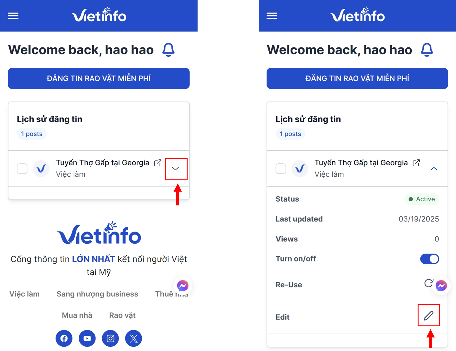 chỉnh sửa nội dung tin đăng tại Vietinfo.us